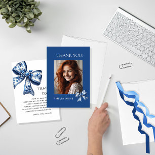 Stylish Trendy Blue Bows Graduation Photo Thank You Card