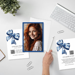 Stylish Trendy Blue Floral Bow Photo College Fund Enclosure Card