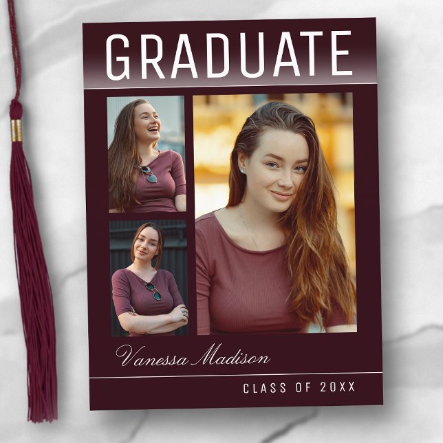 Stylish Trendy Chic 3 Photo Burgundy Graduation Postcard (Creator Uploaded)