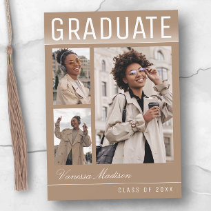 Stylish Trendy Chic 3 Photo Taupe Beige Graduation Announcement