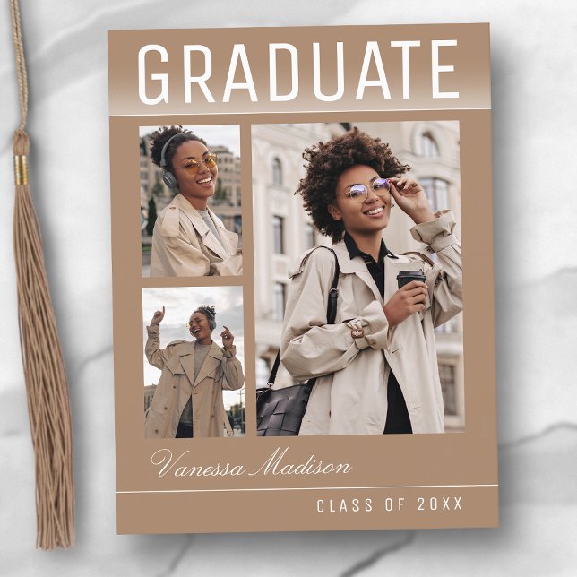 Stylish Trendy Chic 3 Photo Taupe Beige Graduation Postcard (Creator Uploaded)