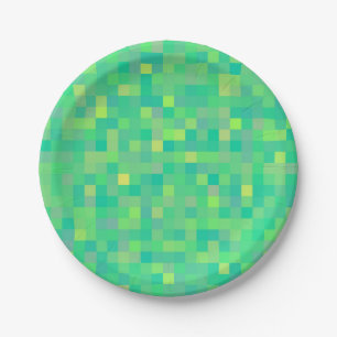 Stylish Trendy Green/Yellow Pixel Mosaic Pattern Paper Plate