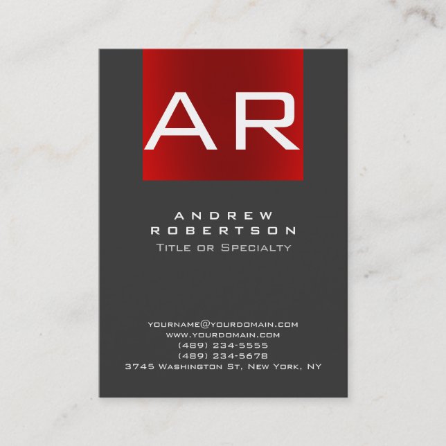 Stylish Trendy Grey Red Monogram Business Card (Front)