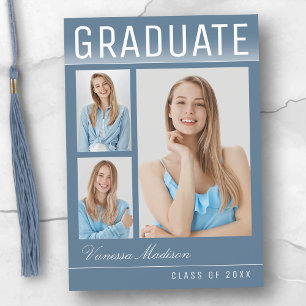 Stylish Trendy Modern 3 Photo Blue Graduation Announcement