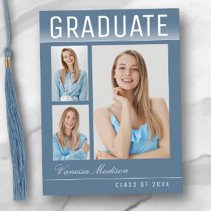 Stylish Trendy Modern 3 Photo Blue Graduation Postcard