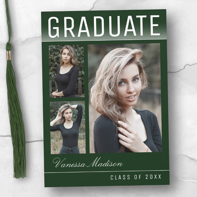 Stylish Trendy Modern 3 Photo Green Graduation Announcement (Creator Uploaded)