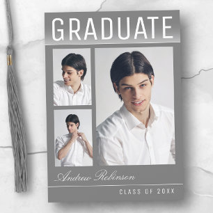 Stylish Trendy Modern 3 Photo Grey Graduation Announcement