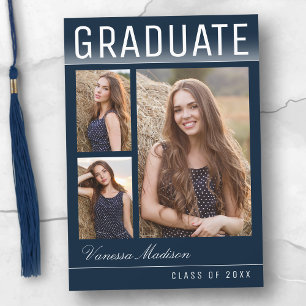 Stylish Trendy Modern 3 Photo Navy Blue Graduation Announcement