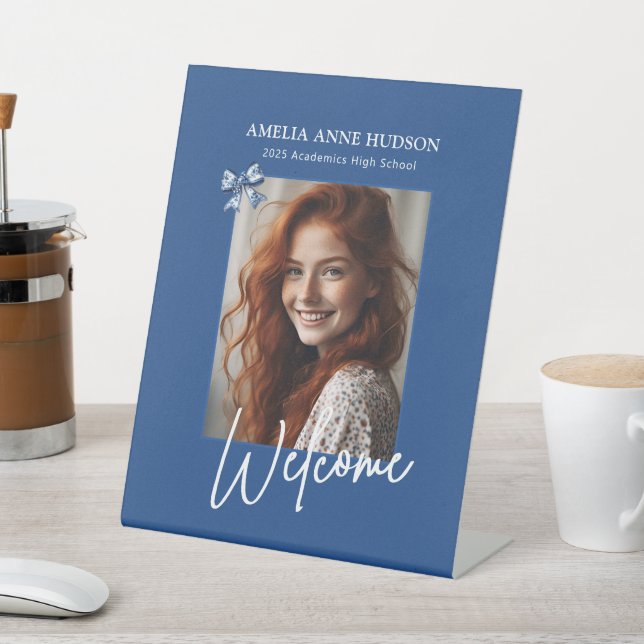 Stylish Trendy Photo Blue Graduation Party Welcome Pedestal Sign (In SItu)