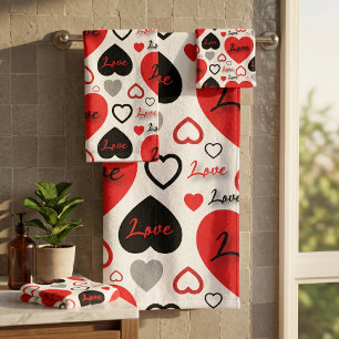 Stylish Trendy Red And Black Love Hearts Pattern Bath Towel Set