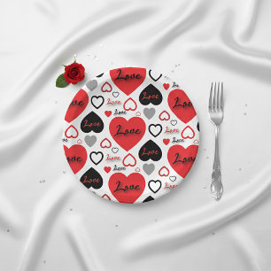 Stylish Trendy Red And Black Love Hearts Pattern Paper Plate
