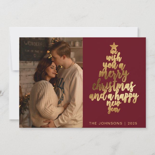 Stylish Trendy Red & Gold Family Photo Christmas Holiday Card (Front)