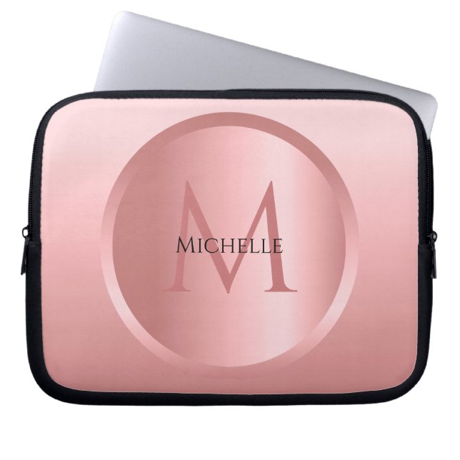 Stylish Trendy Rose Gold Template Monogram Laptop Sleeve (Front)