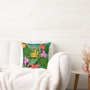 Stylish Tropical Flowers and Leaves Throw Pillow