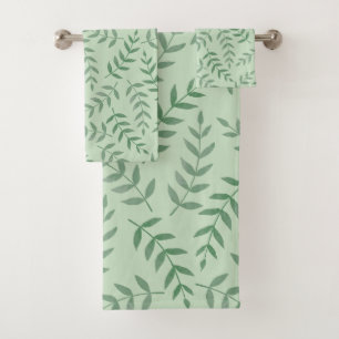 Stylish Tropical Green Leaves on Light Green Bath Towel Set