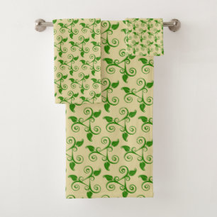 Stylish Tropical Green Leaves Pattern on Beige Bath Towel Set