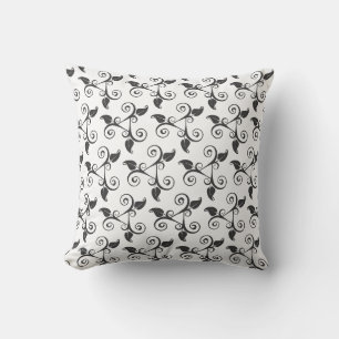 Stylish Tropical Leaves Black Pattern on White Cushion