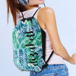 Stylish Tropical Palms Drawstring Bag<br><div class="desc">A stylish drawstring bag features a pattern of tropical palm fronds in turquoise blue and green and your name in chic lettering. Create for yourself or give as a gift. MATCHING items in our travel collection.</div>