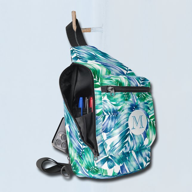 Stylish Tropical Palms Sling Bag (Stylish tropical palm tree fronds blue, green and white sling bag with monogram on the front.)