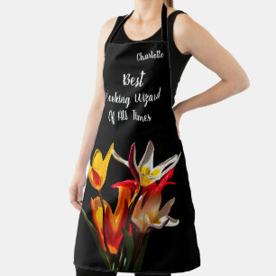 Stylish Tulip Flowers On Black Apron