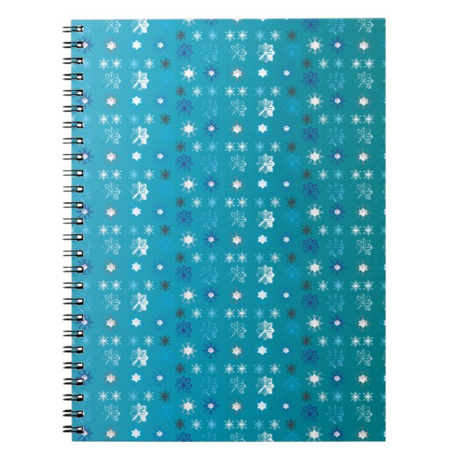 Stylish turquoise and white, stars and snowflakes spiral notebook (Front)