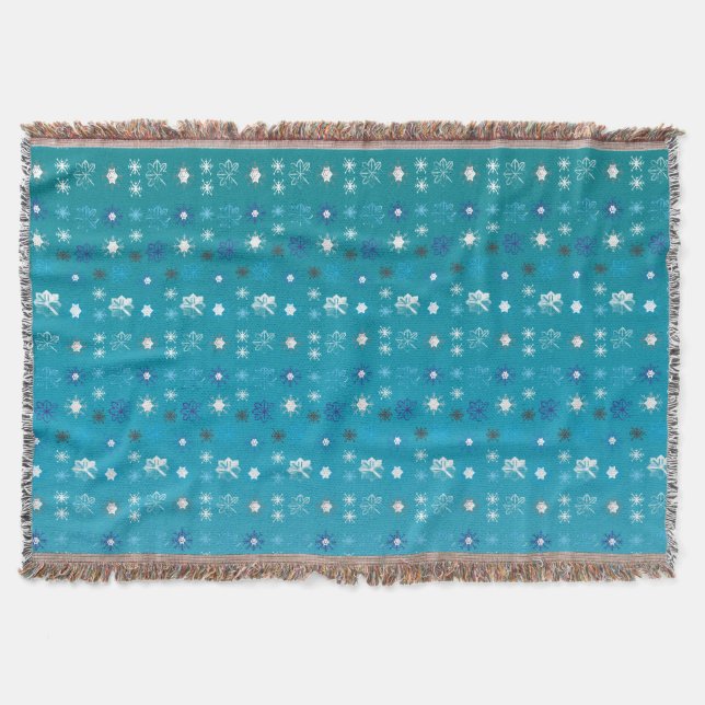 Stylish turquoise and white, stars and snowflakes throw blanket (Front)