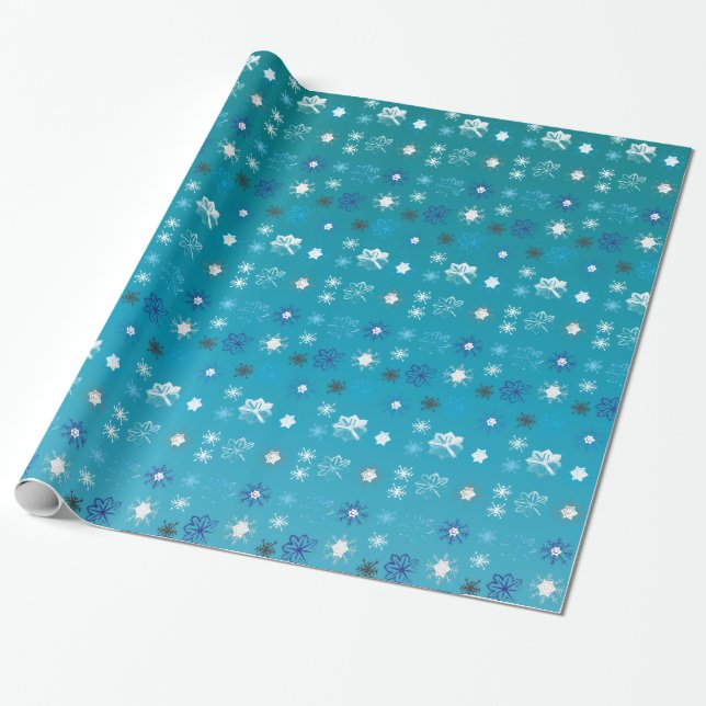 Stylish turquoise and white, stars and snowflakes wrapping paper (Unrolled)