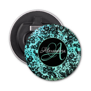 Stylish Turquoise Blue and Black Floral Monogram  Bottle Opener