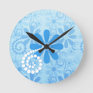 Stylish Turquoise Blue Floral Retro Daisy Flowers Round Clock