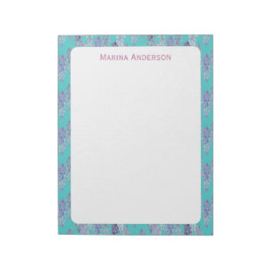 Stylish turquoise floral Border Personalised Name Notepad