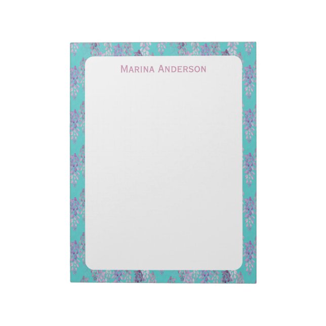 Stylish turquoise floral Border Personalised Name Notepad (Rotated)