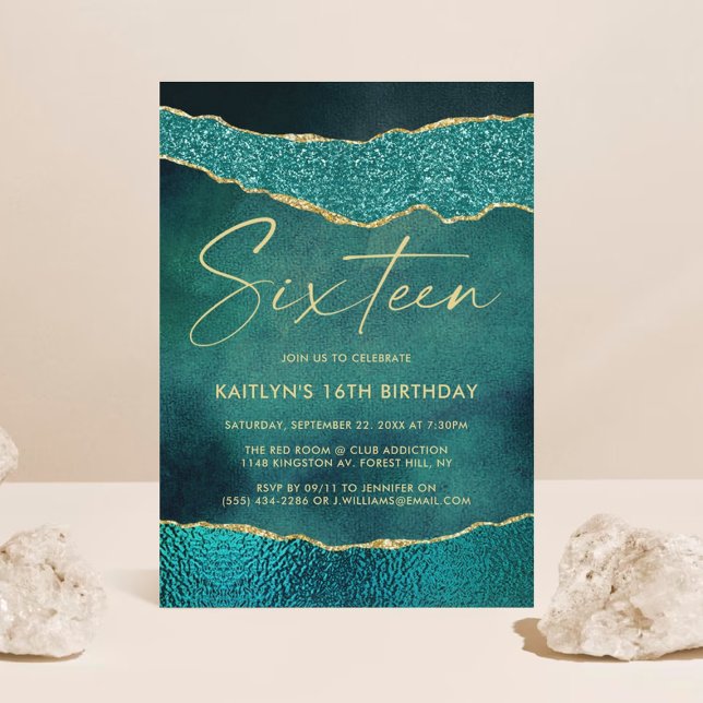 Stylish Turquoise & Gold Agate 16th Birthday Invitation (Creator Uploaded)