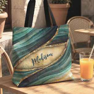 Stylish turquoise marble art faux gold glitter tote bag