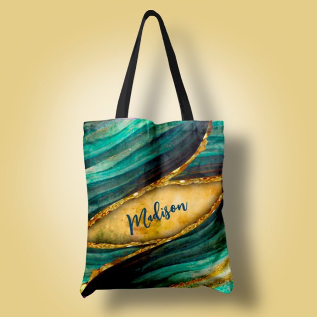 Stylish turquoise marble art faux gold glitter tote bag (Creator Uploaded)