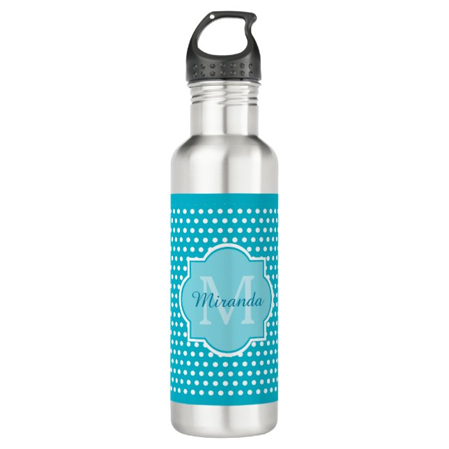 Stylish Turquoise Polka Dots Monogram With Name 710 Ml Water Bottle (Front)