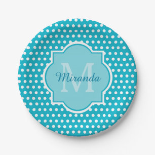 Stylish Turquoise Polka Dots Monogram With Name Paper Plate