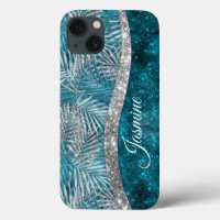 Stylish turquoise silver glitter leaves monogram