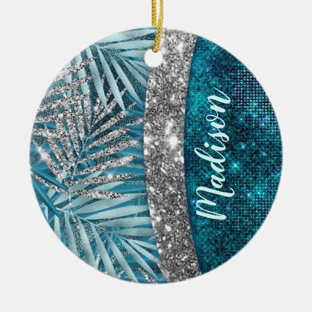 Stylish turquoise silver glitter leaves monogram ceramic tree decoration (Front)