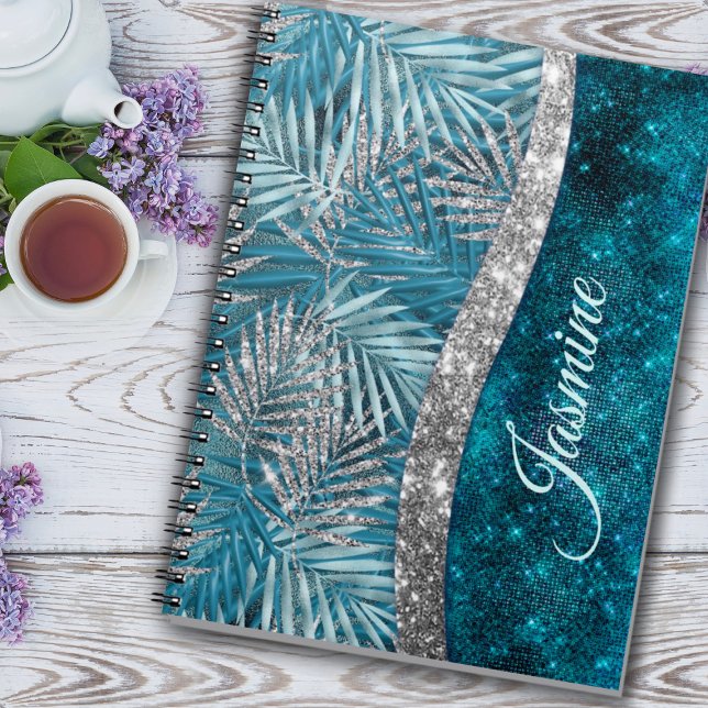 Stylish turquoise silver glitter leaves monogram notebook (Creator Uploaded)