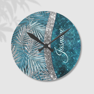 Stylish turquoise silver glitter leaves monogram round clock