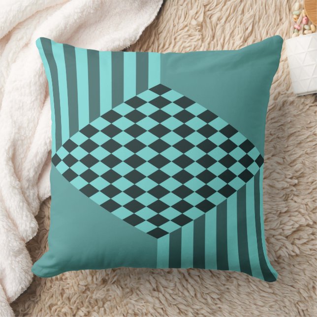 Stylish Turquoise Stripes Diamond Checkers Cushion (Blanket)