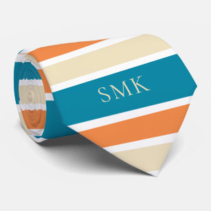 Stylish Turquoise Teal Orange Stripes Monogram Tie