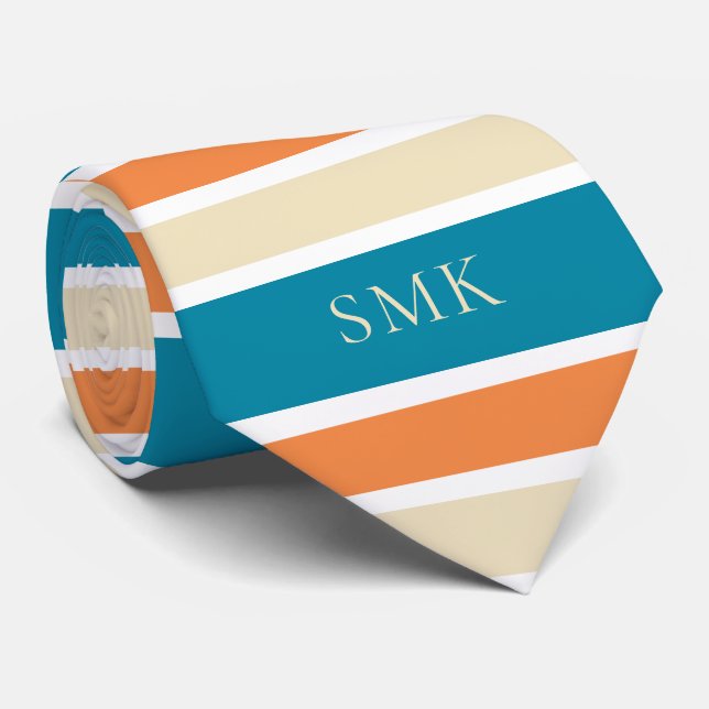 Stylish Turquoise Teal Orange Stripes Monogram Tie (Rolled)