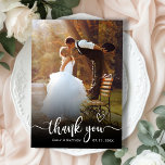 Stylish Typography 2 Photo Wedding Thank You Card<br><div class="desc">Elegant Modern Heart Typography Wedding 2 Photo Thank You Card. Minimalist Stylish wedding thank you template featuring a full vertical photo on the front with the text "Thank You" in a hand lettered calligraphy swash tail script font overlay with love heart motif in white on the picture. At the back...</div>