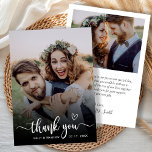 Stylish Typography 2 Photo Wedding Thank You Card<br><div class="desc">Boho Heart Modern Typography Wedding 2 Photo Thank You Card. Stylish Minimalist wedding thank you template featuring a full vertical photo on the front with "Thank You" overlay in a hand lettered calligraphy swash tail script font overlay with love heart motif in white on the picture. At the back side...</div>