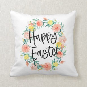 Stylish Typography Watercolor Floral Wreath Easter Cushion