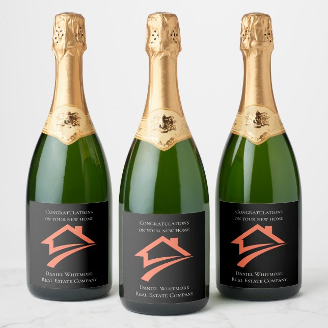 Stylish Unique Black Real Estate Agent Sparkling Wine Label (Bottles)