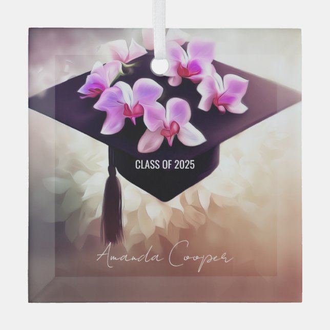 Stylish Unique Orchids Graduation Glass Tree Decoration (Front)