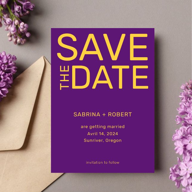 Stylish Unique Purple & Yellow Typography Wedding  Save The Date (Creator Uploaded)
