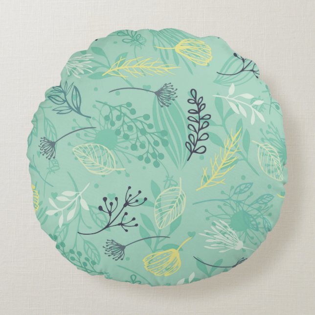 Stylish various foliage green pattern round cushion (Front)